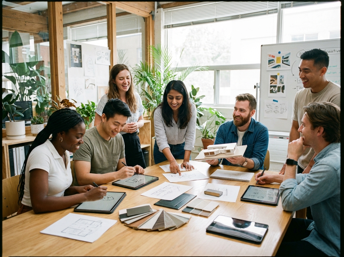 A group of diverse young professionals collaborating in a bright modern office, working on creative projects with tablets and sketches, realistic professional setting, 4:3