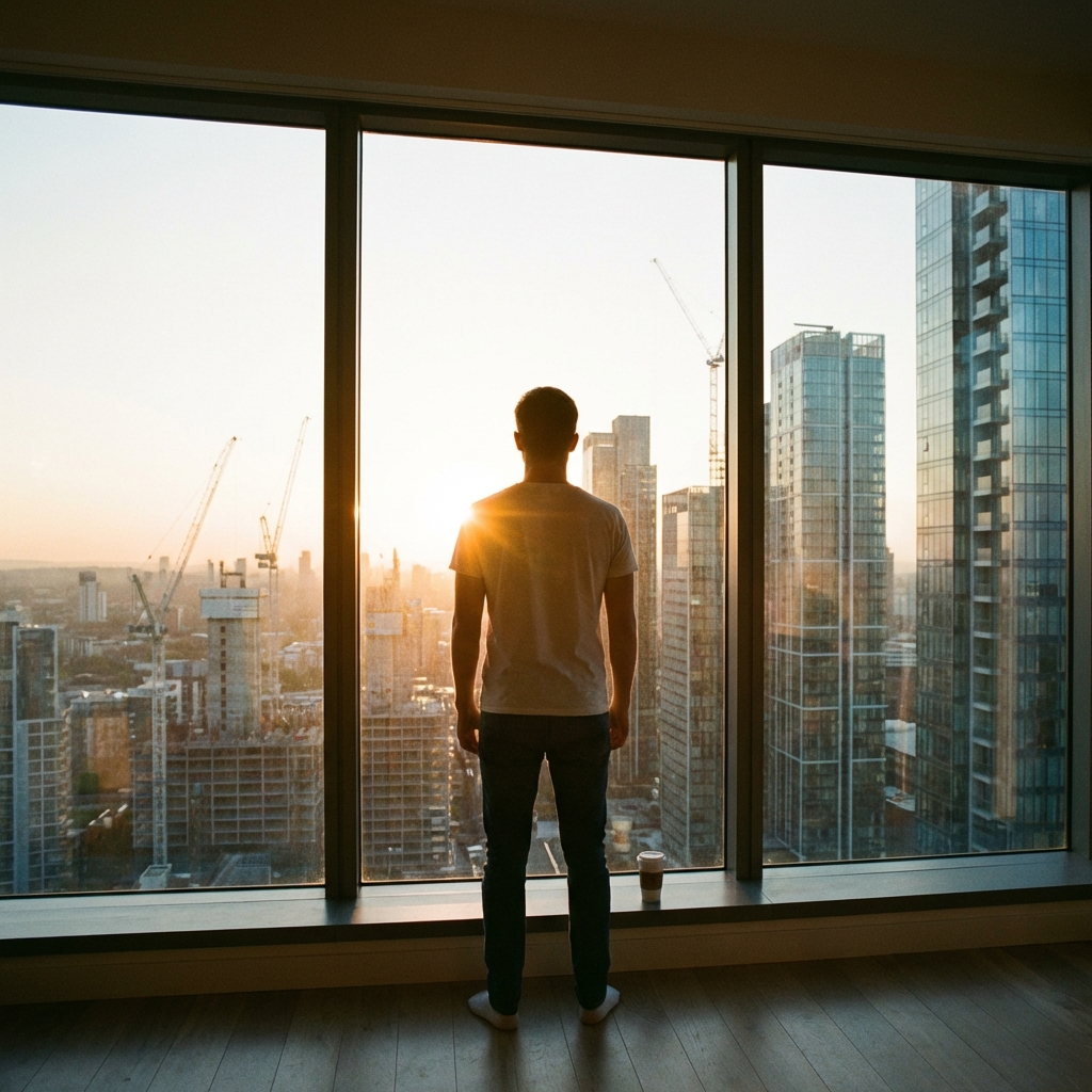 A young man standing in front of a large window looking out at a sunrise over a modern city, symbolic of new opportunities and hope, cinematic lighting, 1:1
