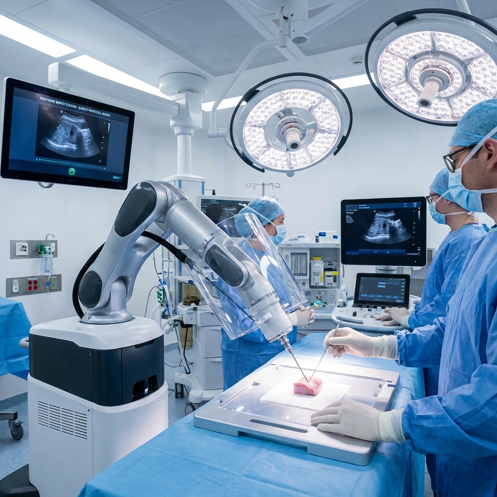 A sophisticated medical robotic arm performing a delicate biopsy procedure in a modern operating room. The lighting is focused and professional. The scene conveys precision, safety, and advanced technology. 1:1