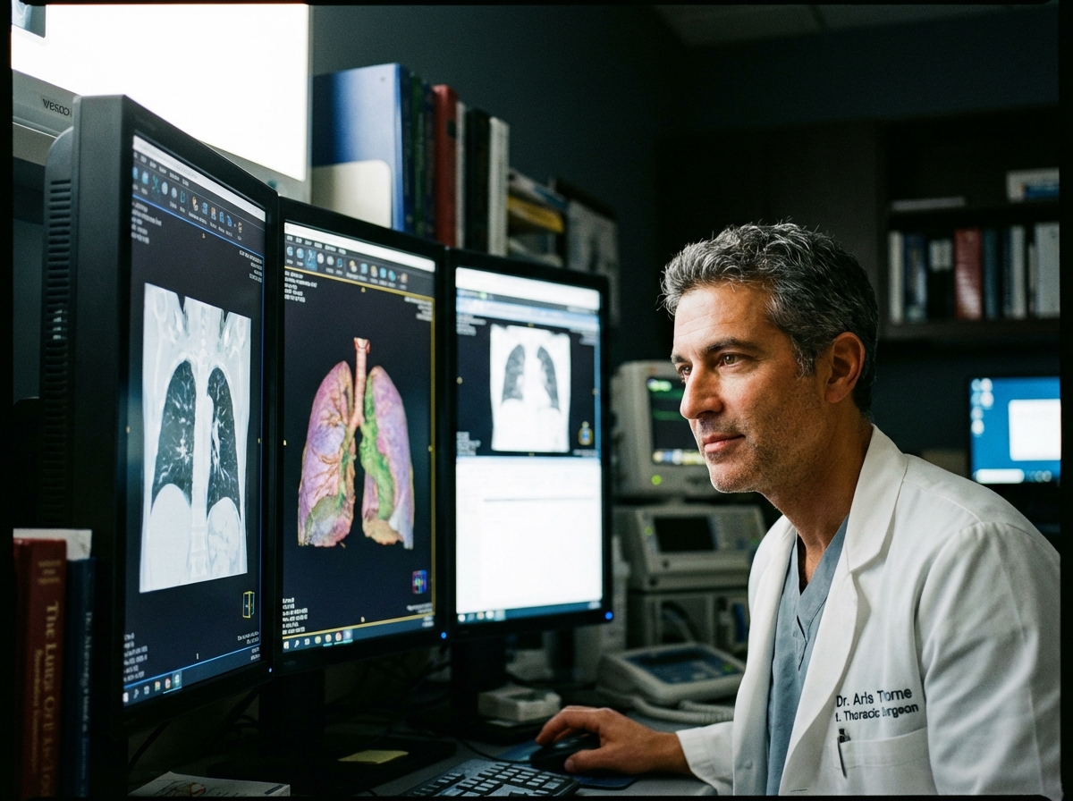A focused thoracic surgeon examining complex digital lung scans on multiple high-definition monitors in a dark radiology room. The glowing screens illuminate the doctor's face, reflecting professionalism and expertise. 4:3