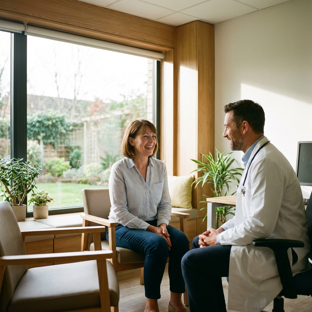 A patient looking relieved and healthy while talking to a doctor in a bright, sunlit modern hospital consultation room. The atmosphere is warm, hopeful, and comforting. Natural lighting from a large window. 1:1
