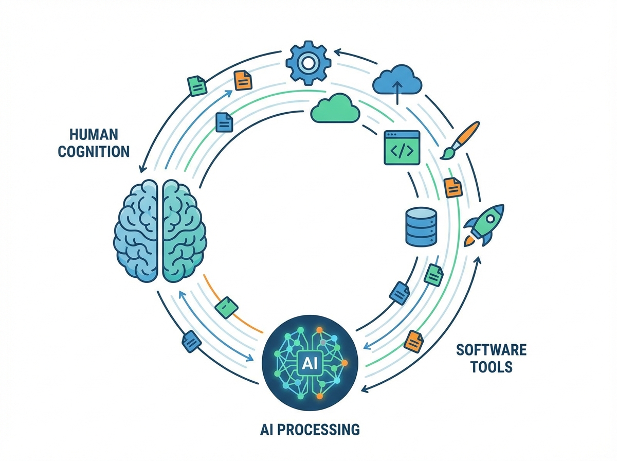 An abstract conceptual visualization showing the connection between a human brain, an AI neural network, and various software tool icons in a circular loop, clean infographic style, 4:3
