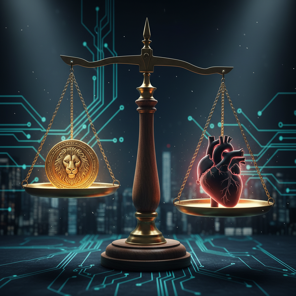 A scale balancing a gold coin and a human heart silhouette, digital background with circuit lines, professional and cinematic lighting, 4:3