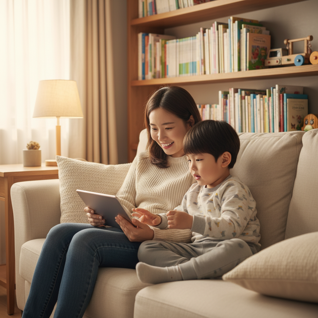 A Korean mother and son sitting together on a couch looking at a tablet, warm home lighting, natural expressions, educational atmosphere, 4:3