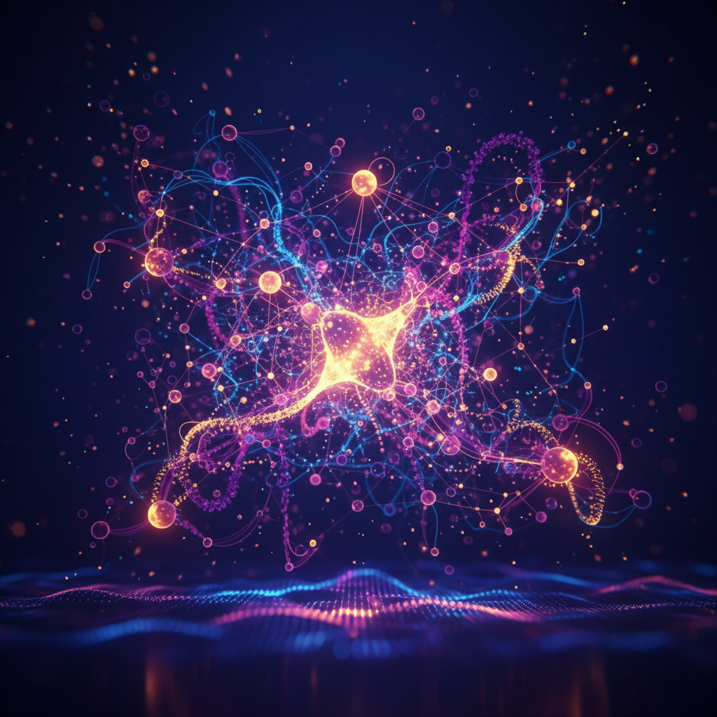 An abstract digital illustration of glowing nodes and particles connecting in a network representing premium social connectivity and advanced data flow with deep purple and gold lighting 1:1