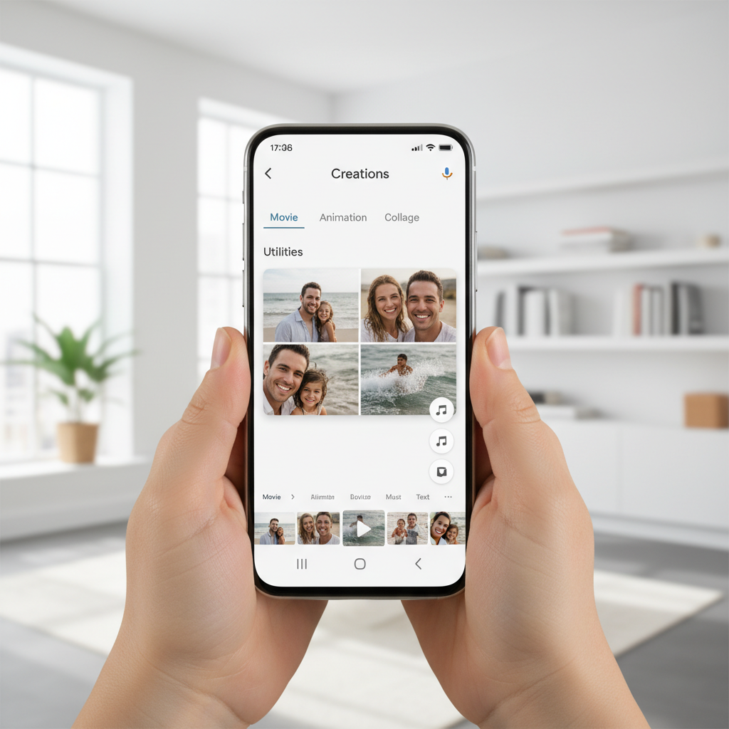 Realistic smartphone screen displaying Google Photos app interface with photo to video features, hands holding the device in a bright modern room, 4:3