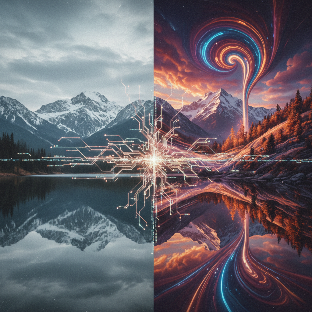 Digital art style representing a still landscape photo morphing into a flowing cinematic video, glowing AI neural network patterns connecting the two states, 4:3