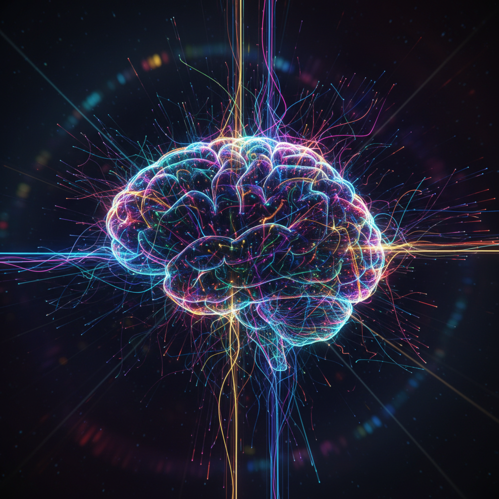 A glowing human brain silhouette intertwined with complex fiber optic neural networks, vibrant colors, cinematic lighting, 4:3