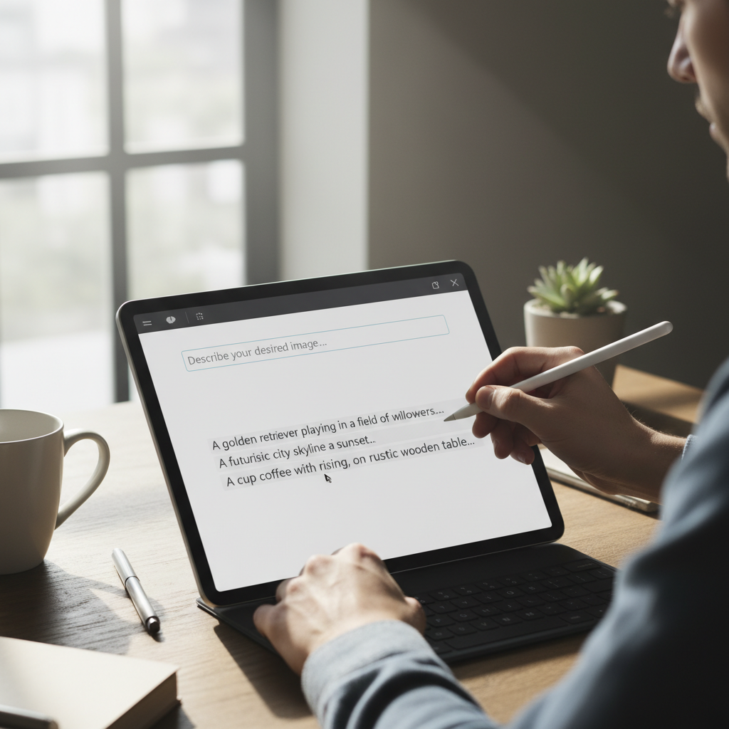 A person using a tablet to type descriptive text prompts into a photo editing application, natural window lighting on a wooden desk, 4:3