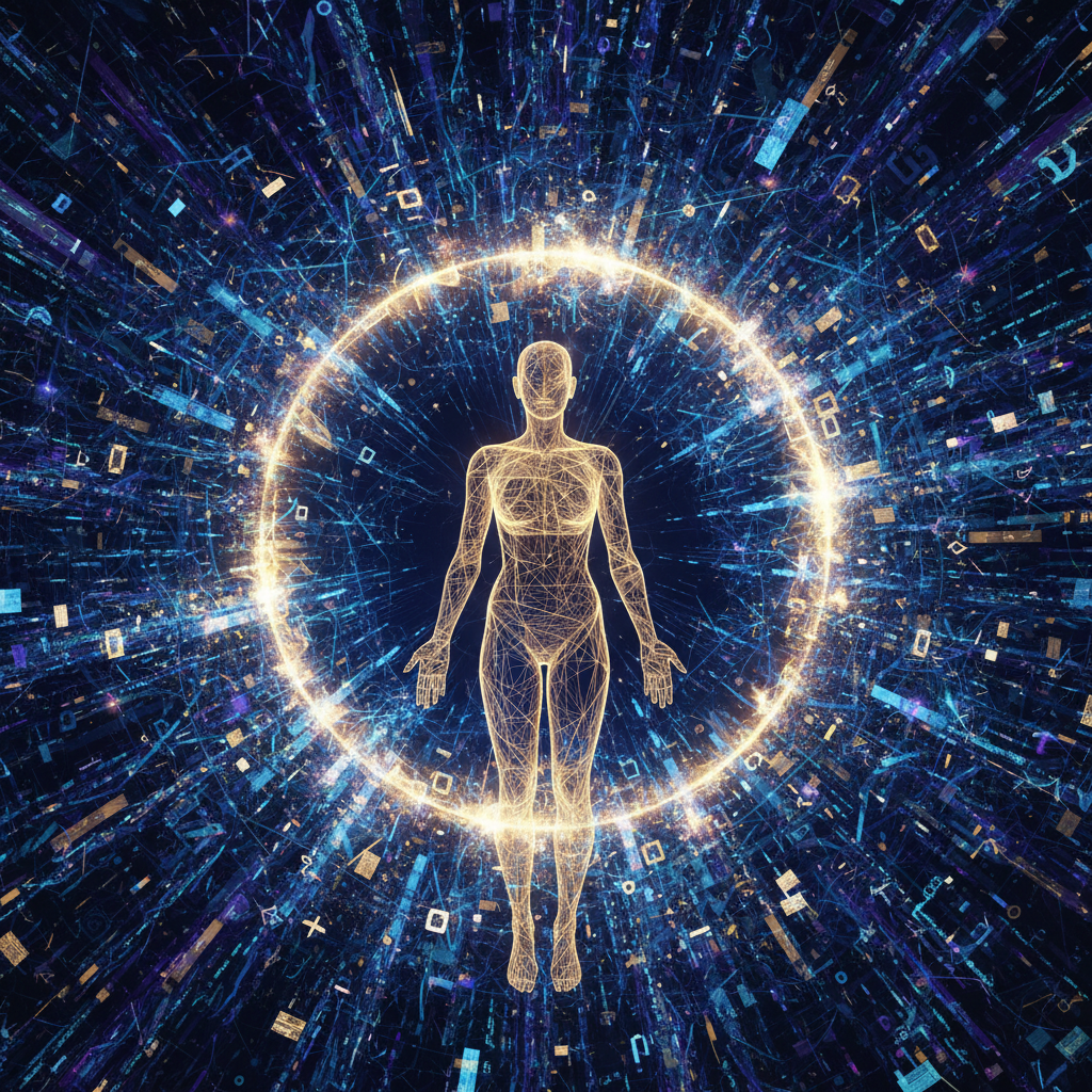 A glowing digital shield protecting a stylized human figure from chaotic data streams, golden and blue tones, 1:1