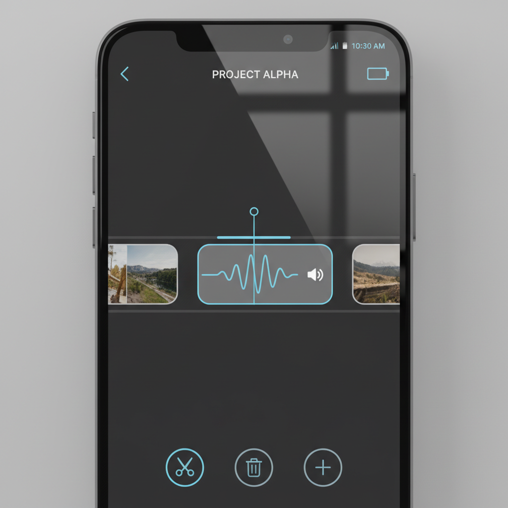 Close up of a smartphone screen showing a video editing timeline with an audio waveform icon, clean and minimalist design with soft blue accents, 4:3