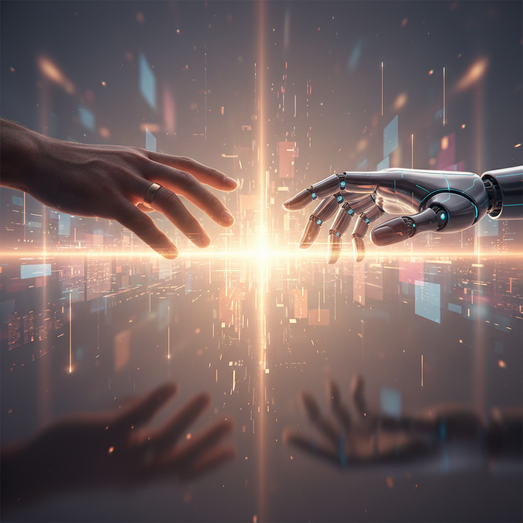 A human and a robotic hand reaching towards a bright digital horizon, peaceful and hopeful atmosphere, warm lighting, 4:3