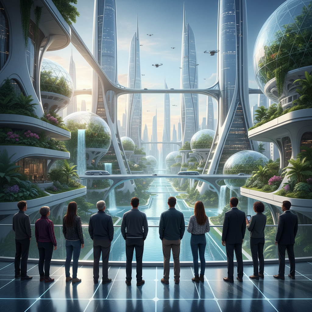 A diverse group of people looking at a futuristic city skyline with integrated nature, clean and modern aesthetic, 1:1