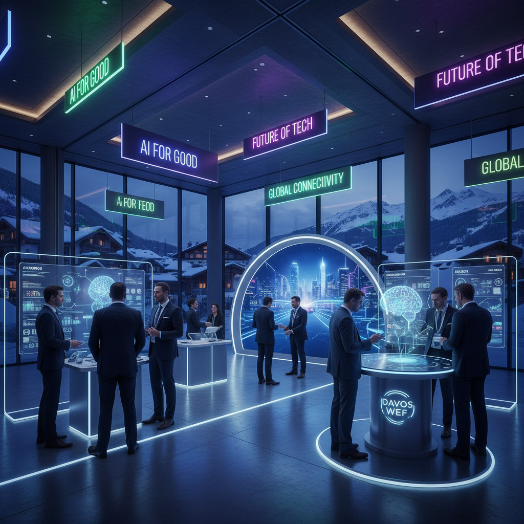 A futuristic technology exhibition at the Davos World Economic Forum with neon signs and professional delegates discussing AI in a luxury mountain resort setting, high contrast, modern layout, 4:3