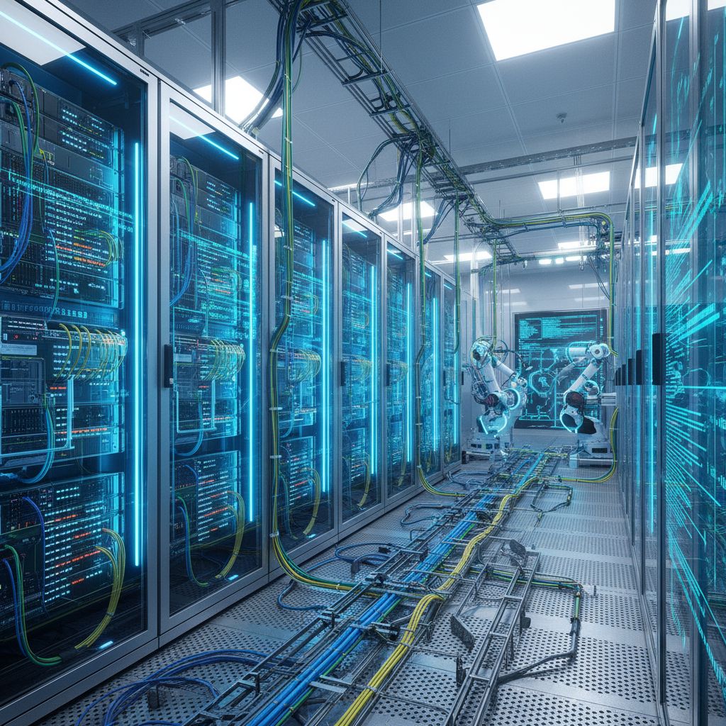 Inside a high-tech AI data center with glowing blue server racks and complex cable management, representative of a token factory, realistic photography, bright lighting, 1:1