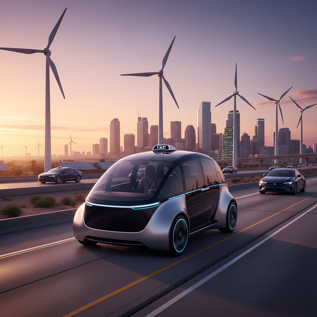 A sleek autonomous robotaxi driving on a modern Texas highway during sunset, no driver visible, futuristic car design, high quality photography, 4:3