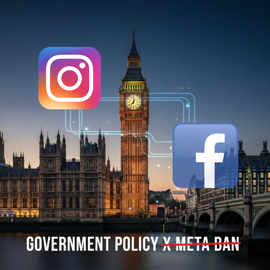 A modern composition featuring the UK Parliament building overlayed with translucent social media icons like Instagram and Facebook, representing the connection between government policy and Meta social media ban, high contrast, clean architectural photography style, 4:3