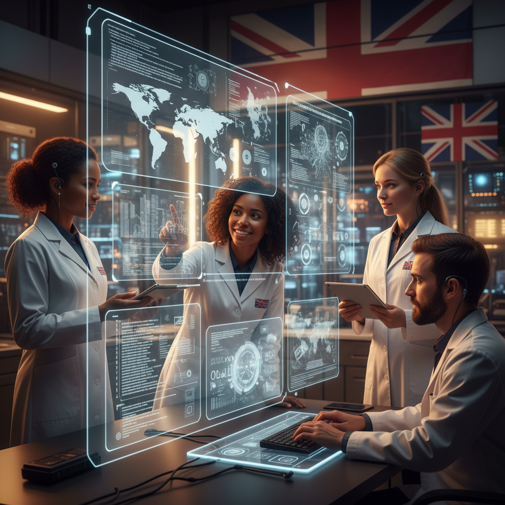 Professional British AI experts working in a futuristic laboratory with holographic data displays, focusing on national security and public service technology, warm cinematic lighting, natural expressions, 4:3