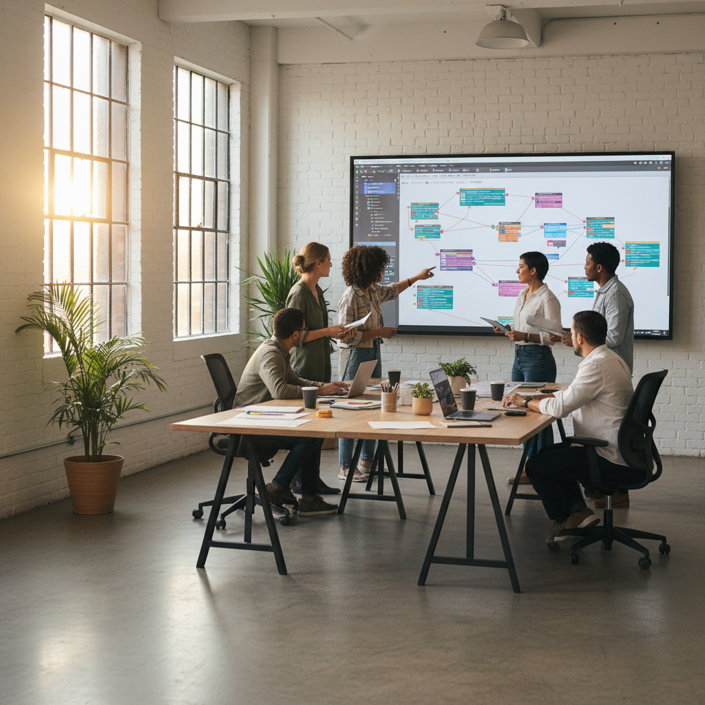 A group of creative professionals working together in a bright modern studio, looking at a large screen with a node-based design workflow, natural daylight, collaborative atmosphere, 4:3