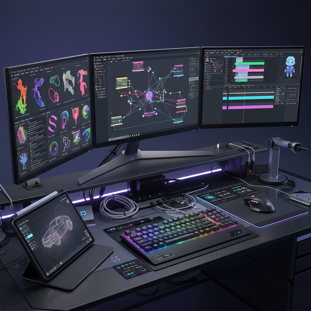 Detailed close up of a high-tech designer workspace, multiple monitors displaying node graphs and colorful media assets, high resolution, professional lighting, 4:3