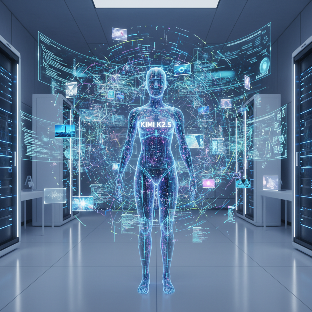 A futuristic AI model concept representing multimodality showing floating icons of video frames text strings and digital images interconnected by glowing neural networks in a clean high-tech laboratory setting Kimi K2.5 16:9