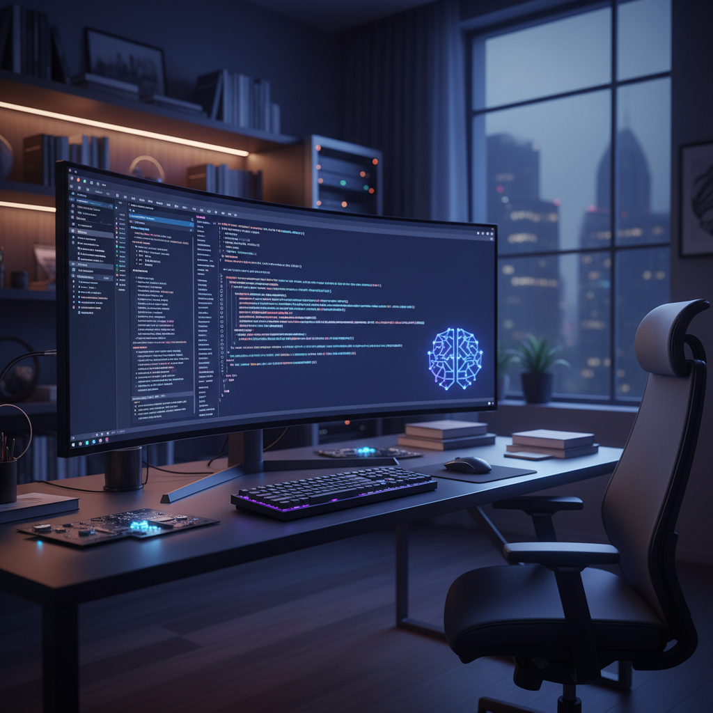 A professional developer workspace featuring a computer screen showing a terminal with complex code execution and an AI coding agent icon sleek modern dark mode interface 4:3