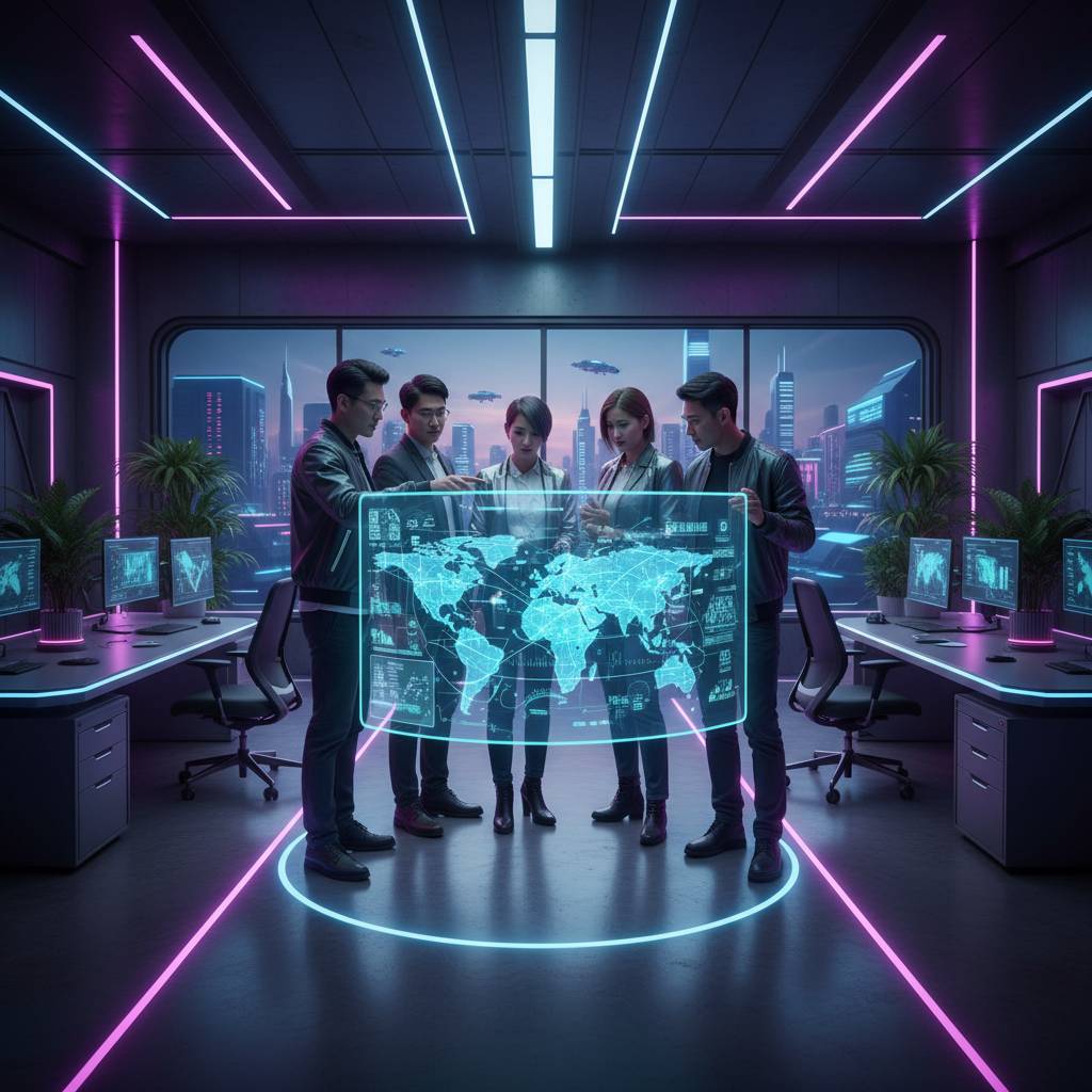 A diverse group of tech professionals, including those with Korean appearance, collaborating in a futuristic office with neon accents. They are looking at a transparent digital map showing global connections. Modern layout style. 4:3