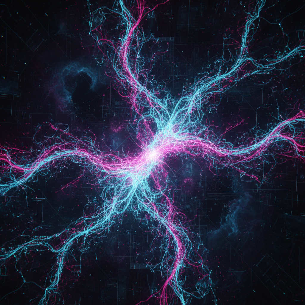 A complex web of digital fibers and data particles connecting in a dark background with vibrant teal and magenta colors. Symbolic of a powerful AI backend. Visually rich textured background. 4:3