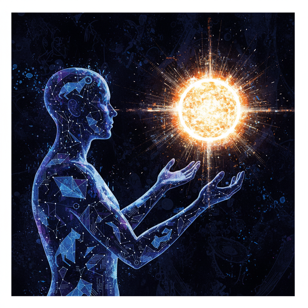 A symbolic artistic rendering of a human silhouette filled with digital constellations looking towards a bright digital sun. High contrast modern illustration with artistic textures. 4:3