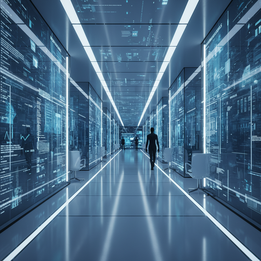 A futuristic office hallway with digital screens showing data streams, blue and white tones, cinematic lighting 4:3