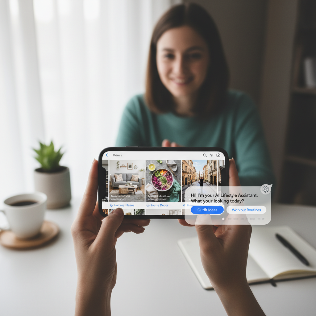 A person using a smartphone showing a Pinterest interface with an AI chatbot bubble, lifestyle photography, natural lighting 1:1