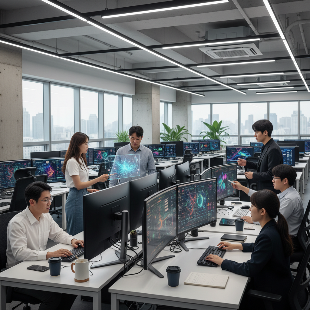 A diverse group of Korean engineers working on large monitors with complex AI data visualizations, modern bright office 4:3