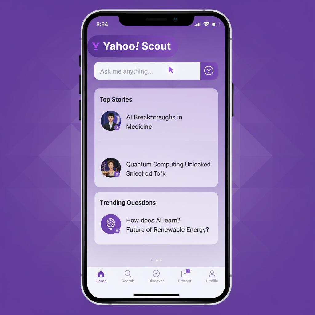 A modern and clean digital interface of an AI search engine named Yahoo Scout showing a search bar and organized information cards on a sleek smartphone screen, vibrant purple and white theme, high-tech atmosphere, 4:3