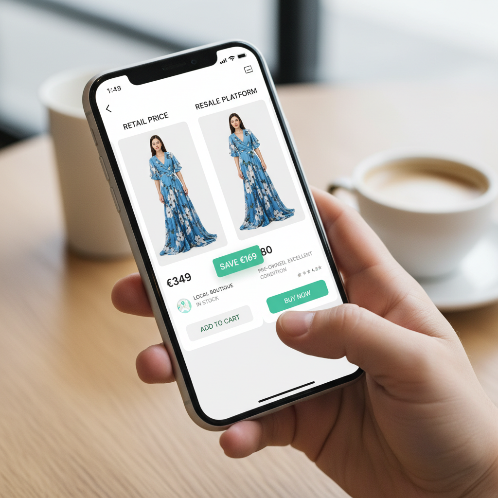 Close up of a person using a sleek mobile app on a smartphone to compare prices of a dress between a retail store and a resale platform, clean interface, modern shopping experience, 4:3