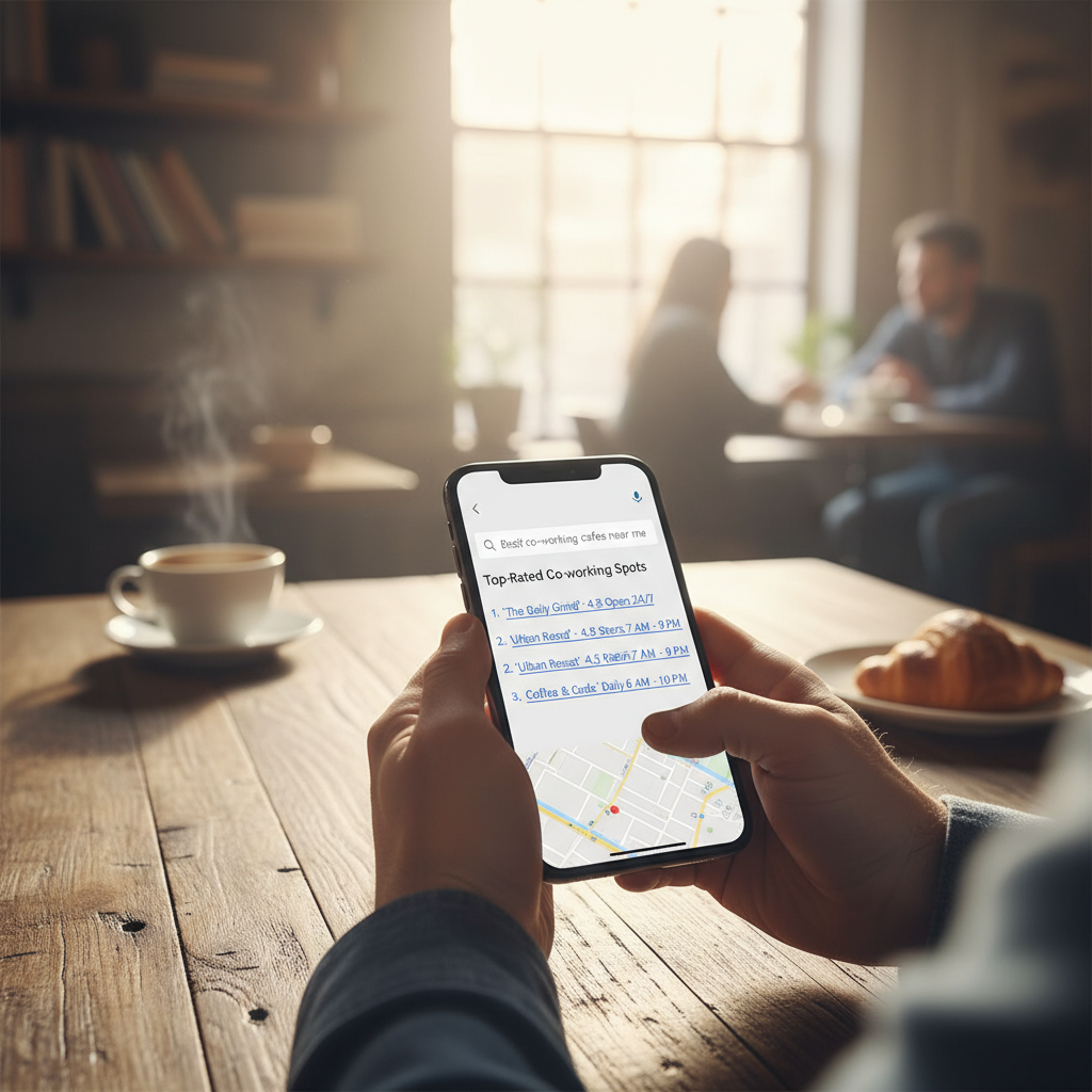 A person holding a smartphone using an AI search app, the screen displays structured text and blue hyperlinks, natural morning light in a cozy cafe, lifestyle photography, 4:3