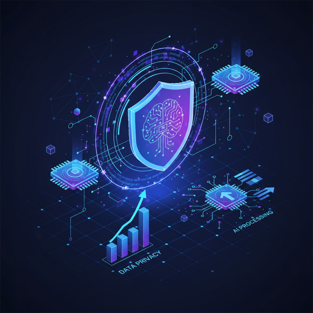 Modern infographic style illustration representing data privacy and secure AI processing, glowing blue and violet gradient tones, high contrast, clean and professional, 4:3