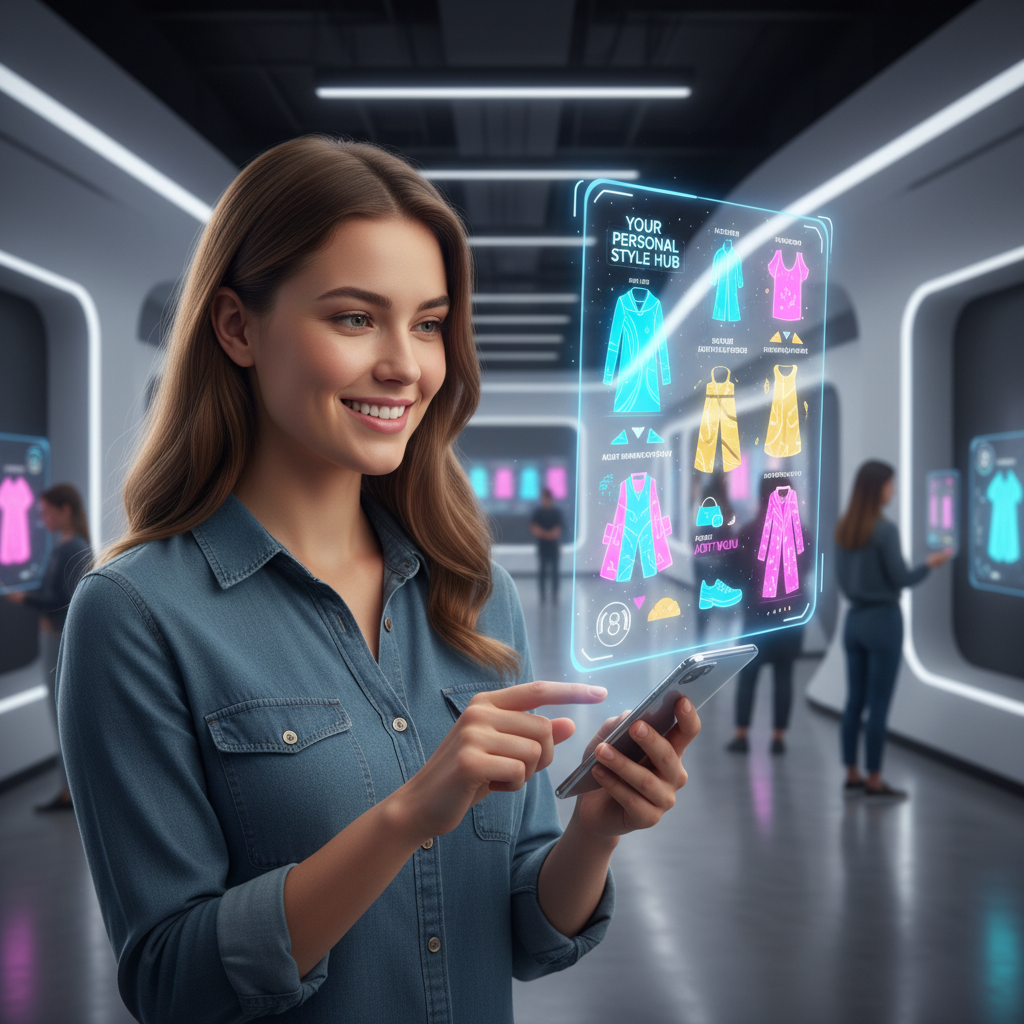 A happy young woman looking at a holographic personalized fashion feed projected from her smartphone, futuristic shopping experience, vibrant colors, detailed composition, 4:3