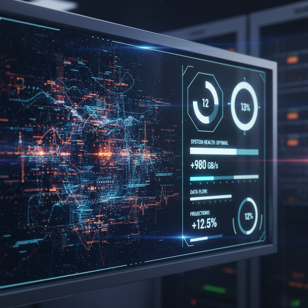 Close-up of a digital screen showing complex data being simplified into clean UI elements, high contrast, futuristic and professional design, glowing light effects, 4:3