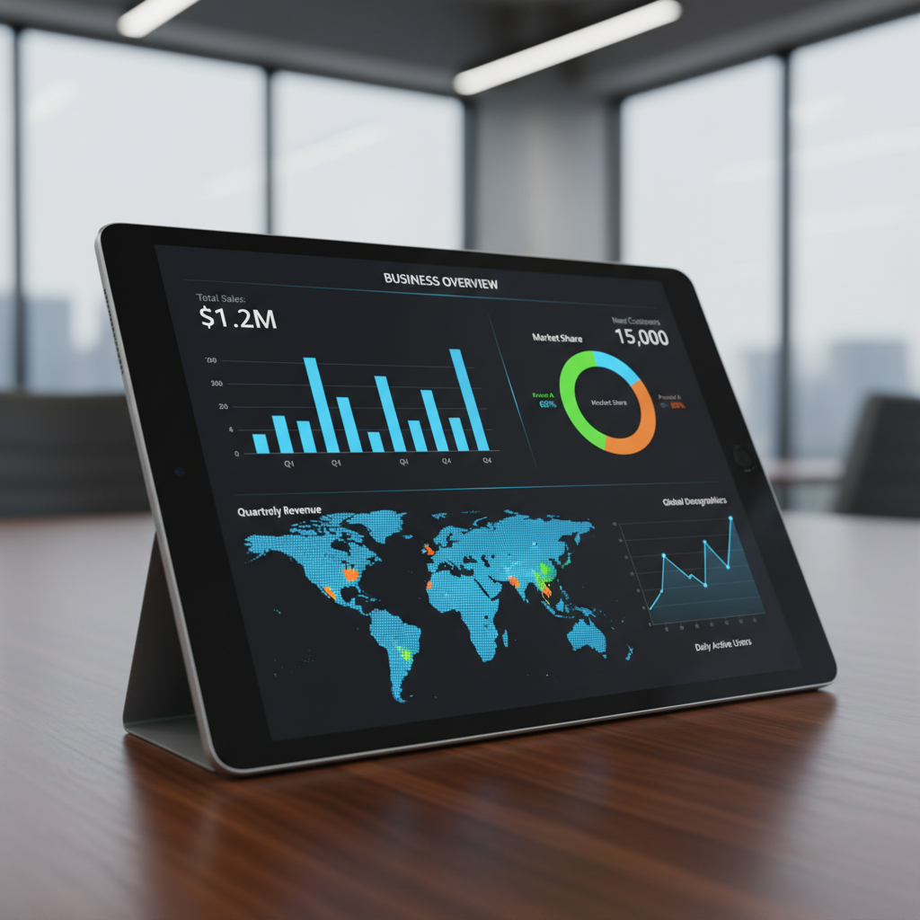 Modern business dashboard with interactive data visualizations, charts and demographic maps on a sleek tablet screen, professional and clean layout, high contrast, 4:3