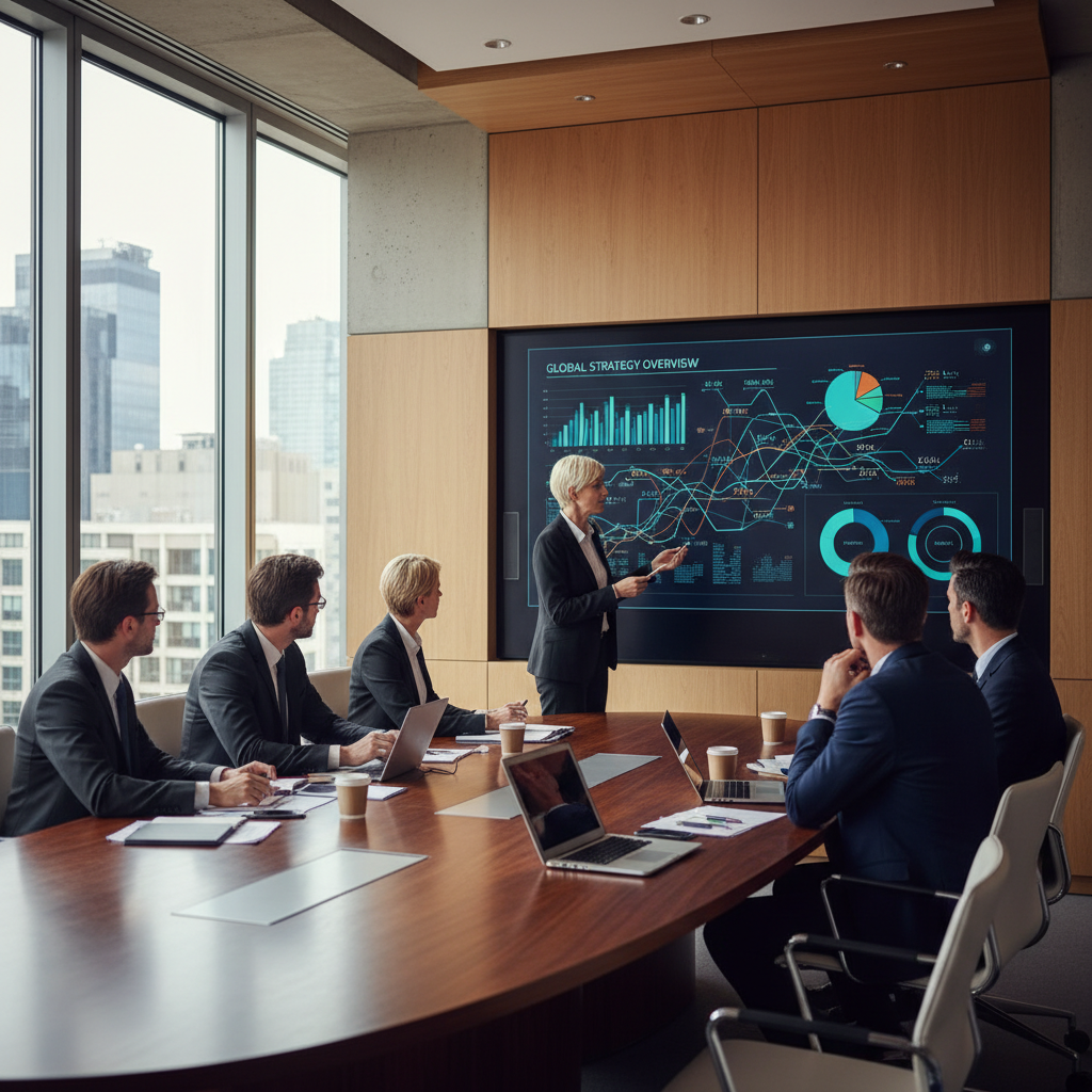 Professional team in a modern conference room discussing strategic data shown on a large screen, natural lighting, sophisticated atmosphere, realistic style, 4:3