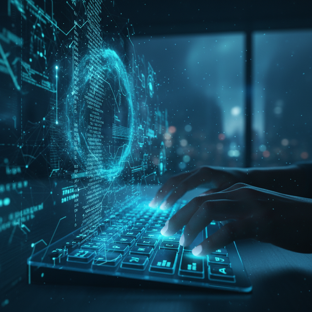Close up of hands typing on a glowing high-tech keyboard with digital code and network diagrams floating in the air, deep blue and teal tones, detailed composition, 4:3