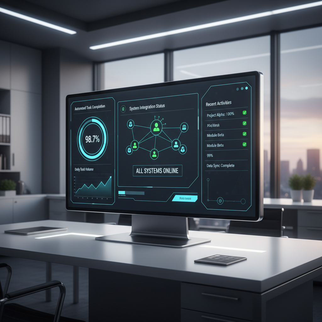 A high-tech enterprise dashboard displaying automated task completion rates and system integration status. The lighting is bright and professional. Minimalist UI design, sleek and modern, 4:3