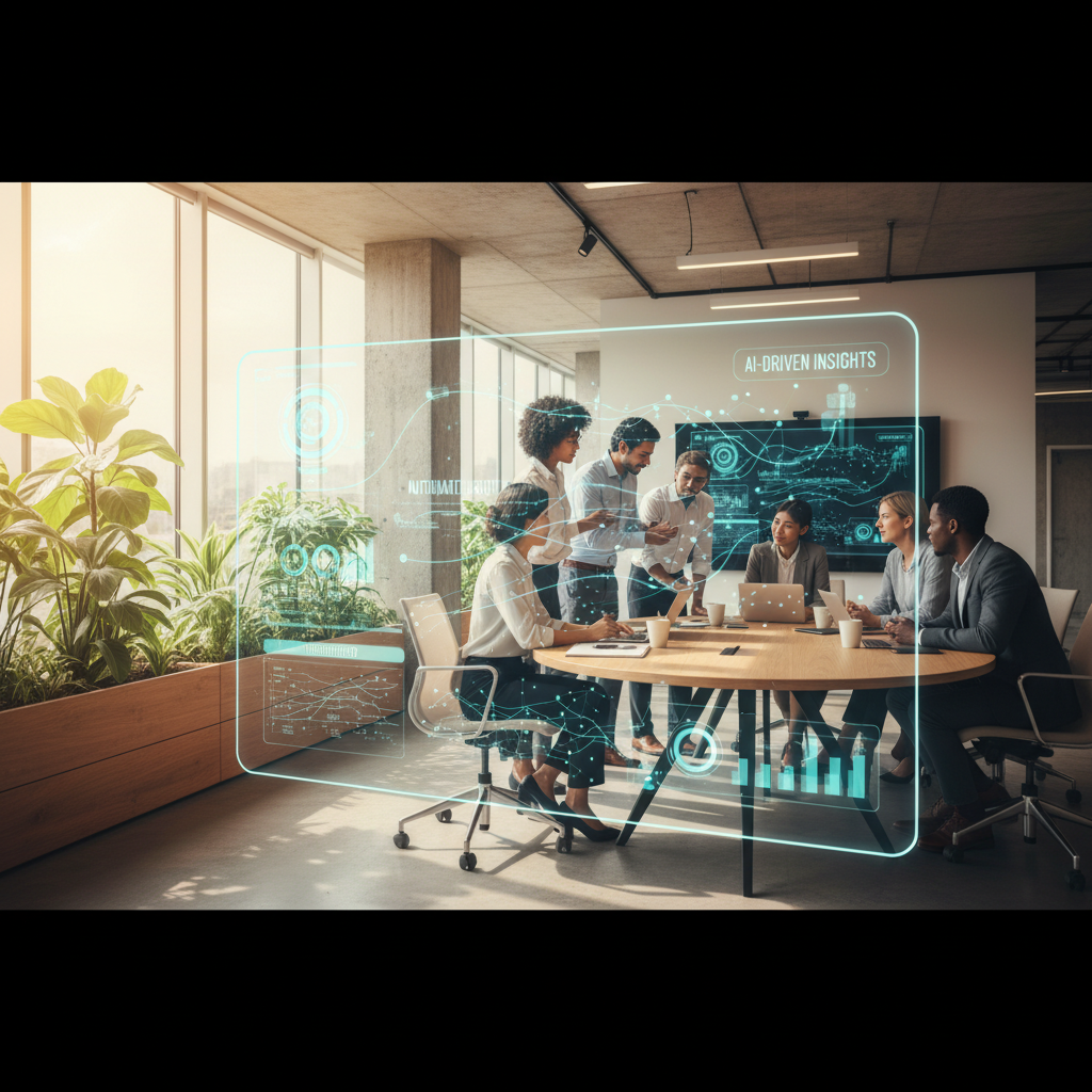 A diverse group of IT professionals working together in a bright, modern tech hub. In the foreground, a transparent screen shows AI-driven insights and automated workflows. Natural setting, warm lighting, 4:3