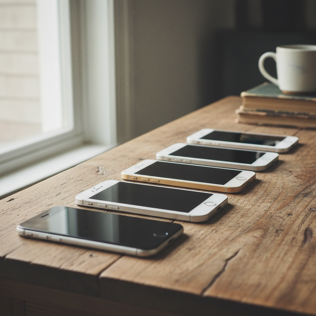 A collection of older iPhone models like iPhone 5S and iPhone 6 lined up neatly on a wooden table, soft natural lighting, high quality lifestyle photography, 1:1