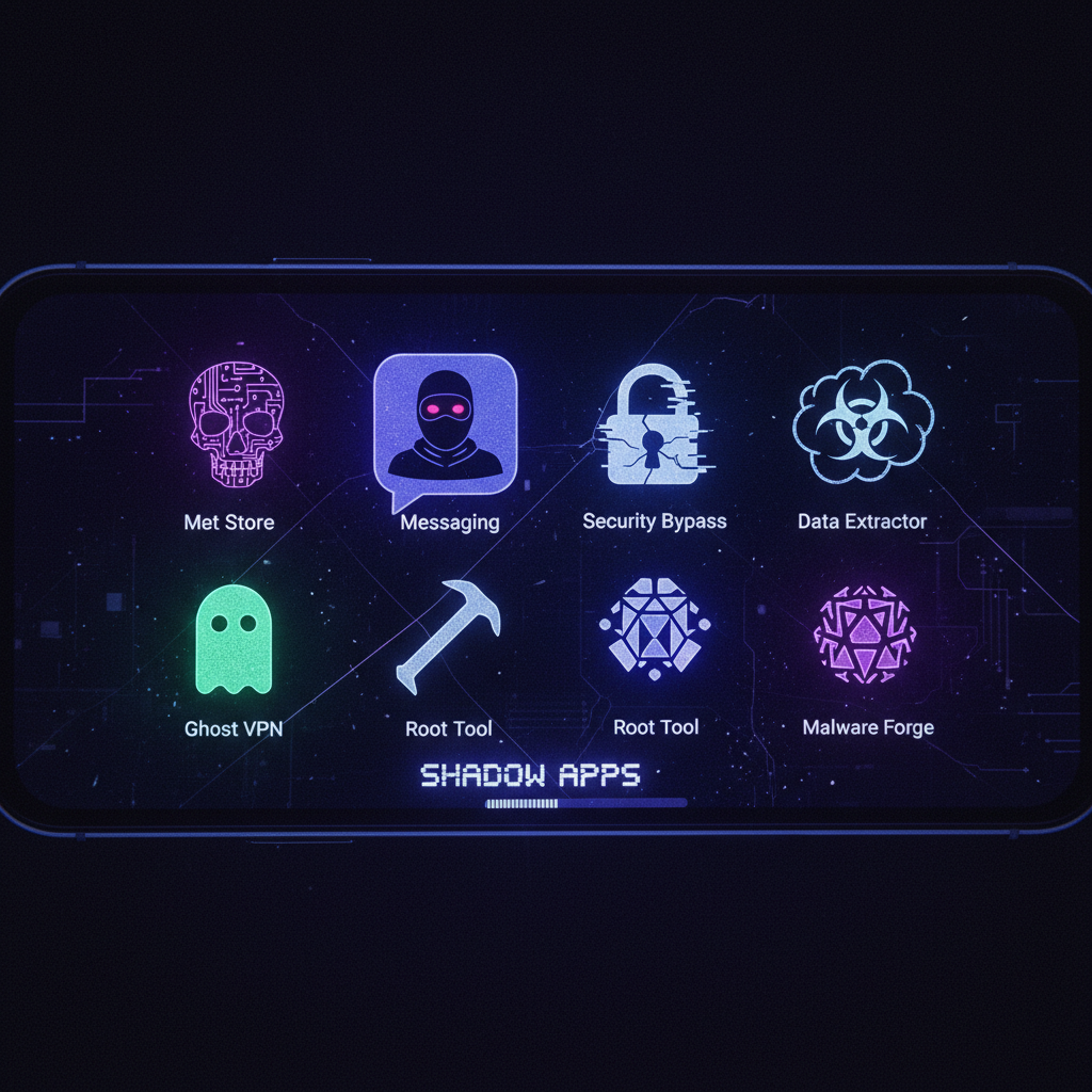 A smartphone screen displaying various application icons with a dark and mysterious digital atmosphere, representing a collection of unauthorized software on a mobile platform, high contrast, modern layout, 16:9
