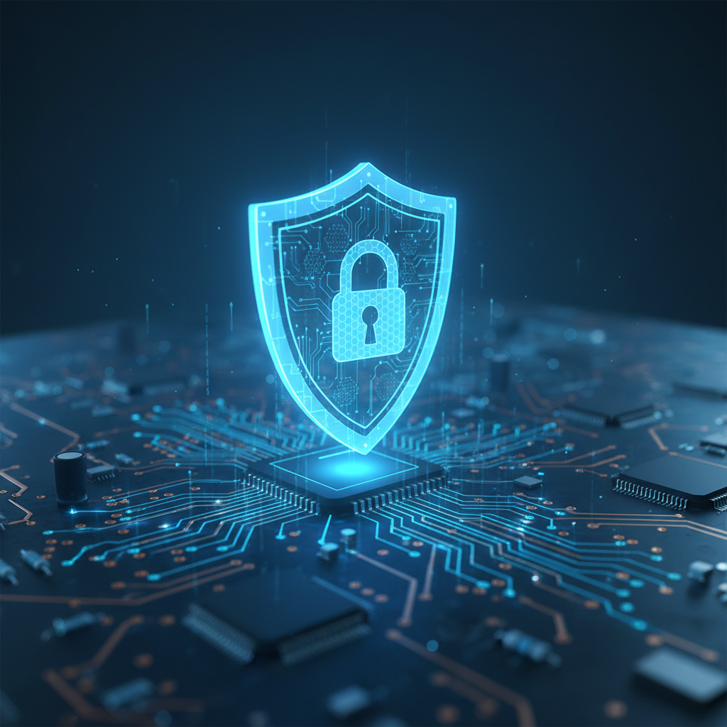 A glowing blue digital shield icon hovering over a circuit board background, representing cyber security and protection of personal data, cool blue lighting, high-tech aesthetic, 4:3