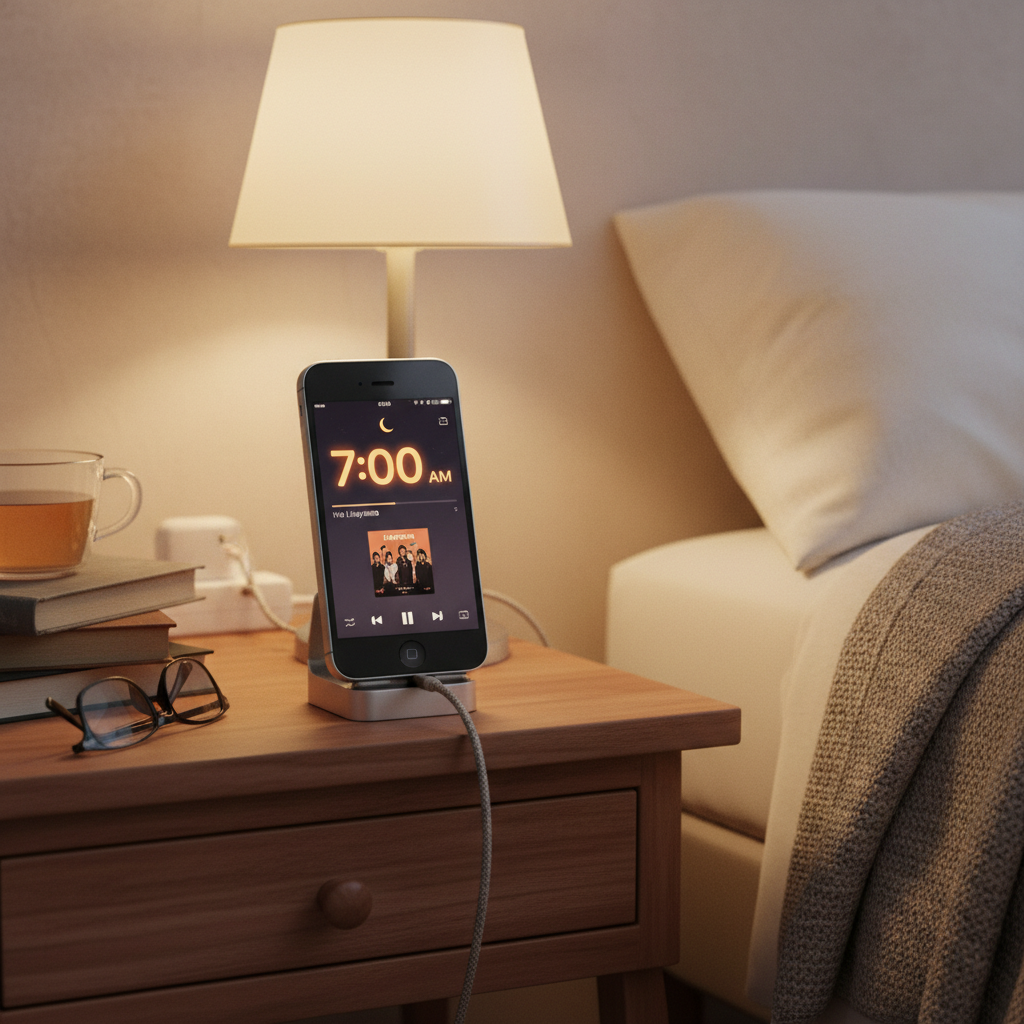An old iPhone 5S being used as a bedside alarm clock and music player, warm cozy room lighting, realistic home interior, 1:1