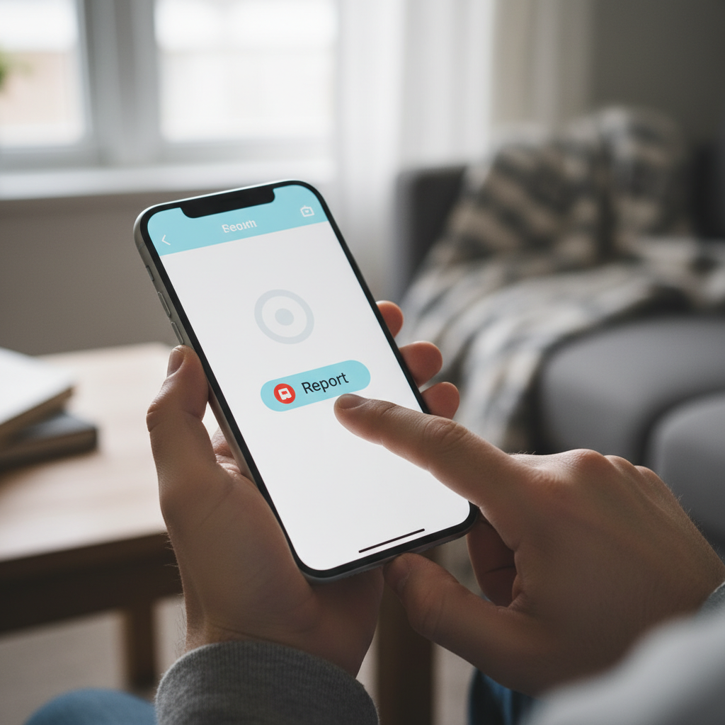 A person holding a smartphone and pressing a report button on a clean mobile interface, focused hands, natural indoor lighting, lifestyle photography, 4:3