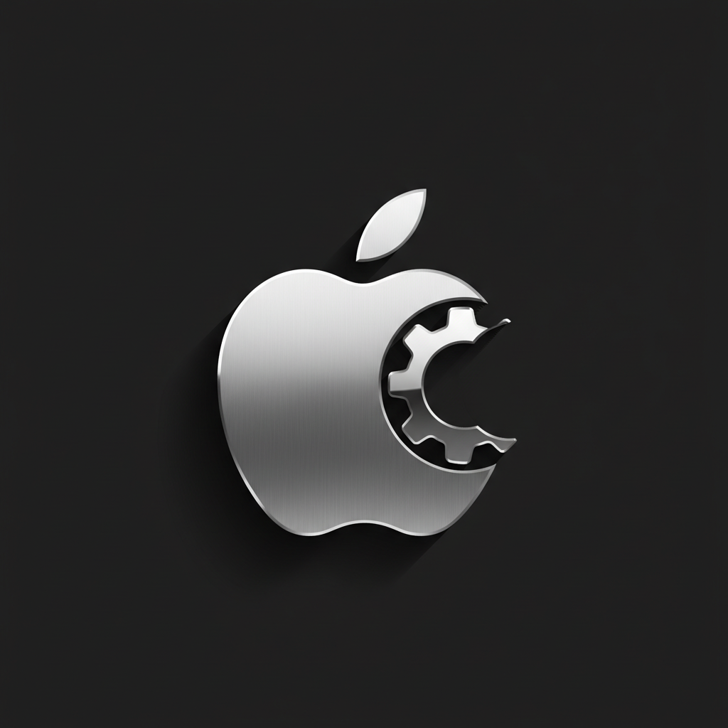 A sleek Apple logo with a subtle gear icon representing a system update, high contrast minimalist design, metallic texture, 4:3