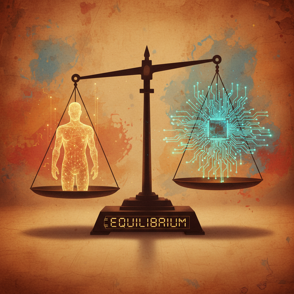 A conceptual illustration of a digital scale balancing a human silhouette and a circuit pattern, representing the balance between technology and human ethics, warm lighting, textured background, 4:3